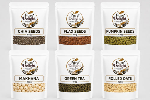 Pure Delight Healthy Superfoods Combo Pack – Chia Seeds, Flax Seeds, Pumpkin Seeds, Makhana, Green Tea & Rolled Oats (100g Each)