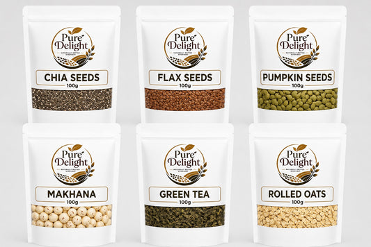 Pure Delight Healthy Superfoods Combo Pack – Chia Seeds, Flax Seeds, Pumpkin Seeds, Makhana, Green Tea & Rolled Oats (100g Each)